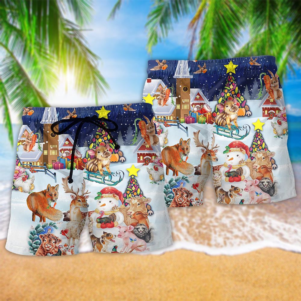 Christmas Happy Animals Snow Trendy Aloha Hawaiian Beach Shorts