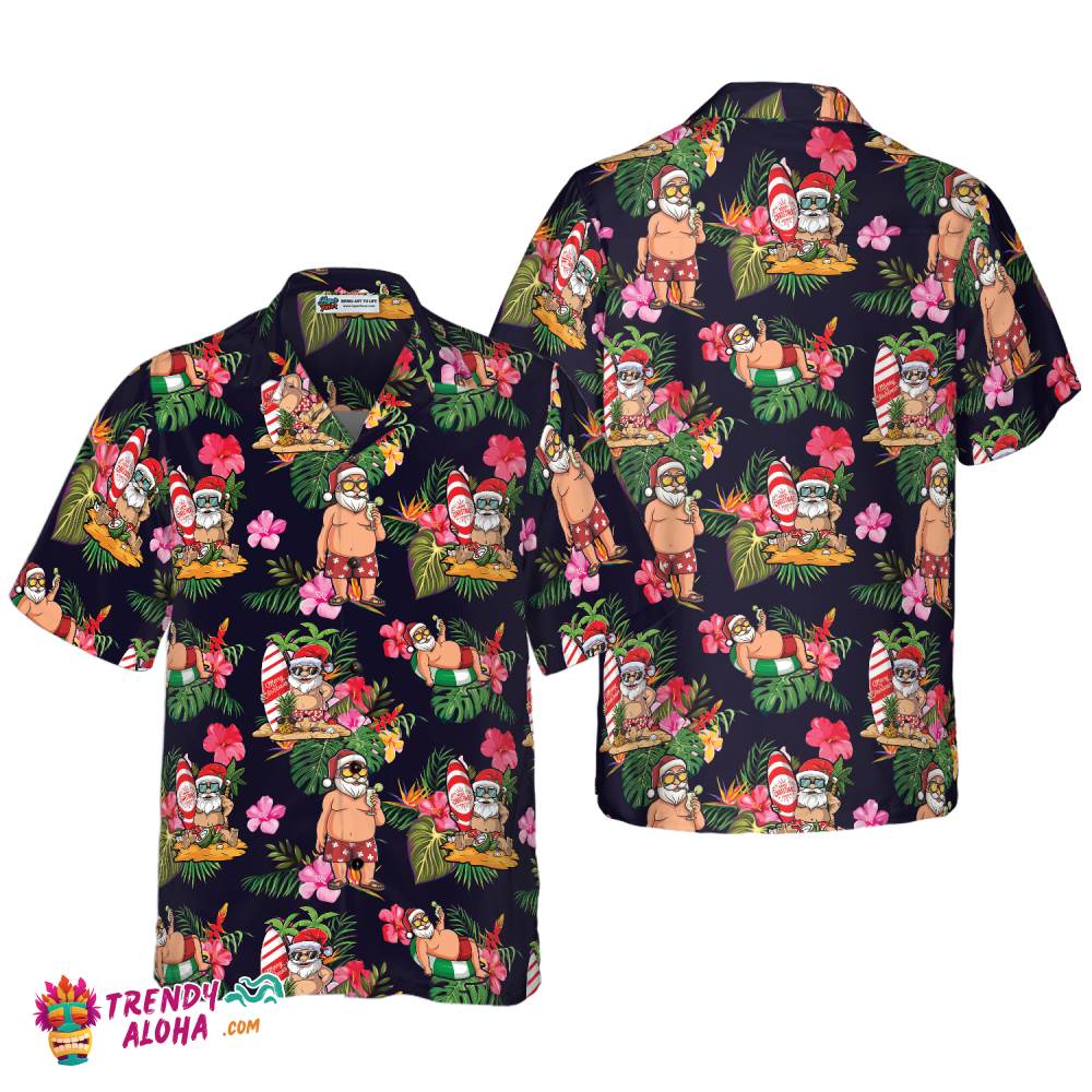 Christmas Hawaiian Shirt, Santa With Tropical Flower Pattern Shirt Short Sleeve, Christmas Shirt Idea Gift For Men And Women Christmas Hawaiian Shirt, Santa With Tropical Flower Pattern Shirt Short Sleeve, Christmas Shirt Idea Gift For Men And Women
