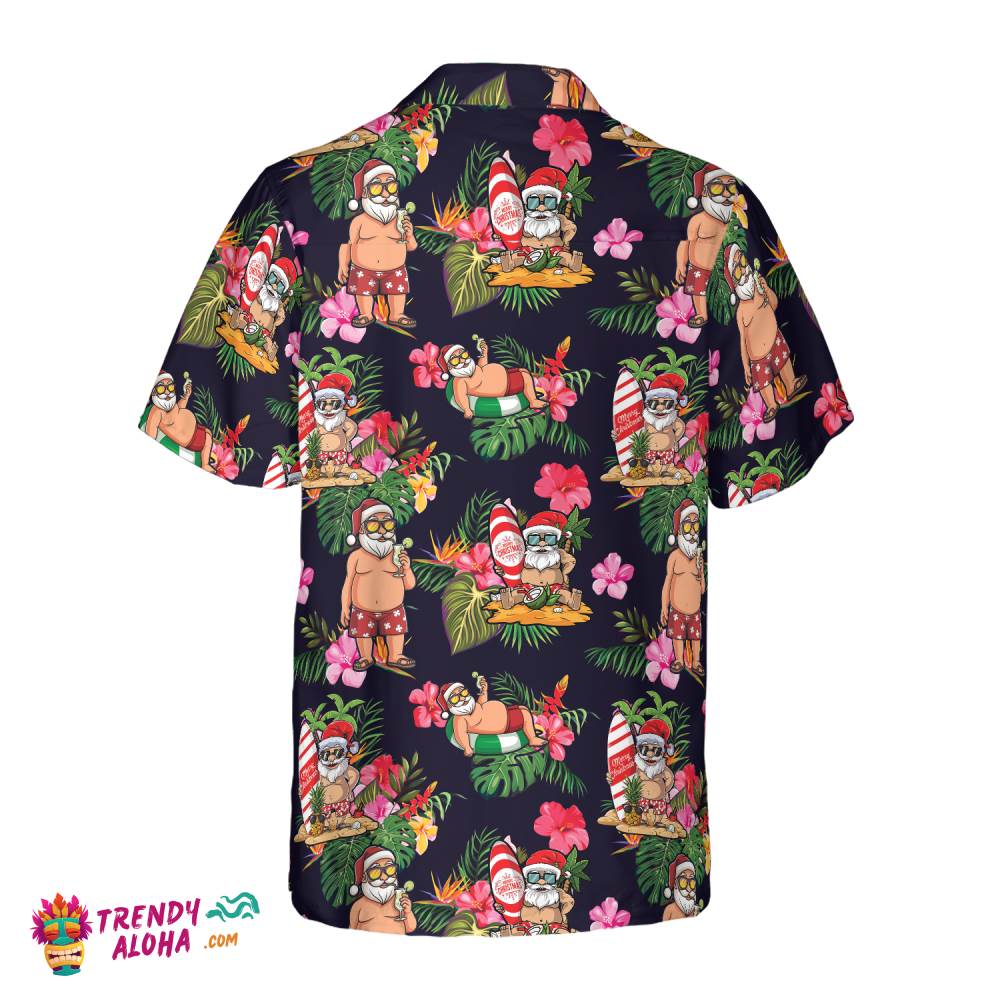 Christmas Hawaiian Shirt, Santa With Tropical Flower Pattern Shirt Short Sleeve, Christmas Shirt Idea Gift For Men And Women