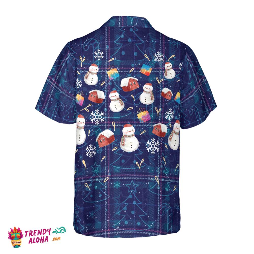 Christmas Hawaiian Shirts, Christmas Snowman Dark Blue Plaid Pattern Shirt Short Sleeve, Christmas Shirt Idea Gift For Men And Women