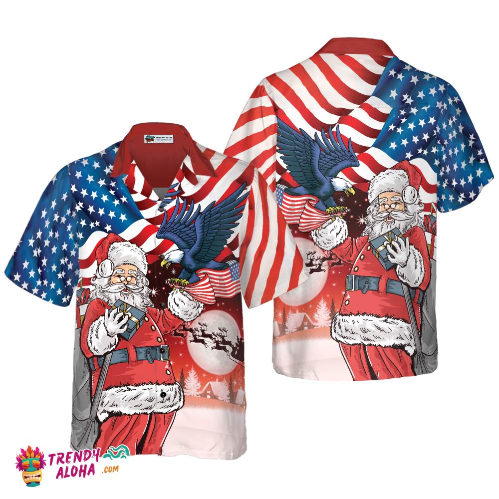 Christmas Hawaiian Shirts, Eagle Perched On Santa’s Hand With American Flag Background Shirt Short Sleeve, Christmas Shirt Idea Gift For Men And Women Christmas Hawaiian Shirts, Eagle Perched On Santa’s Hand With American Flag Background Shirt Short Sleeve, Christmas Shirt Idea Gift For Men And Women