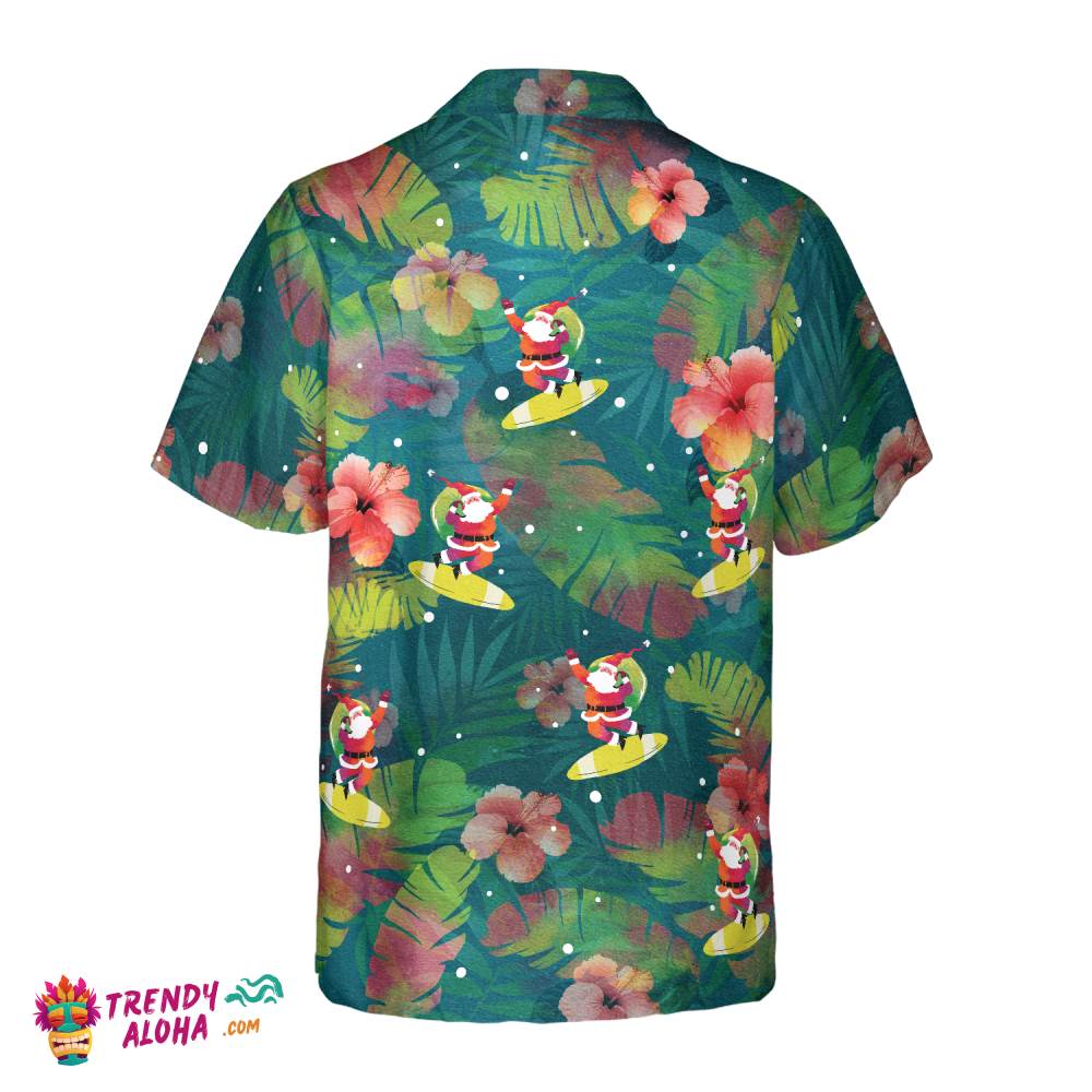 Christmas Hawaiian Shirts For Men And Women, Santa Surfing Tropical Hawaiian Shirt Button Down Shirt Short Sleeve