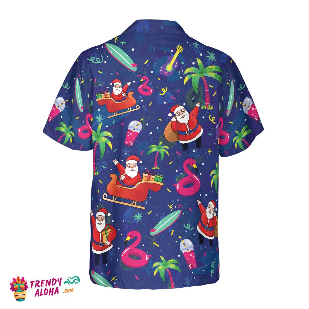 Christmas Hawaiian Shirts, Santa Flamingo Tropical Pattern Shirt Short Sleeve, Christmas Shirt Idea Gift For Men And Women