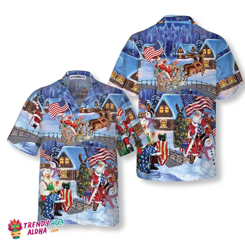 Christmas Holiday Santa Patriot Hawaiian Shirt, American Flag Christmas Shirt, Unique Christmas Gift