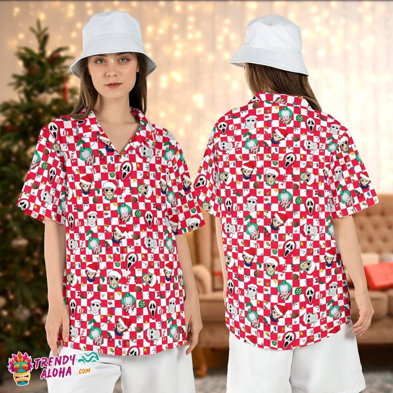 Christmas Horror Characters Lights Killers Santa Hats Aloha Top