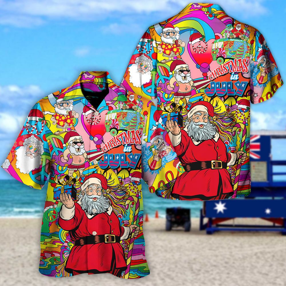 Christmas In July Santa Hippie Sending Gift In Summer Hawaiian Shirt