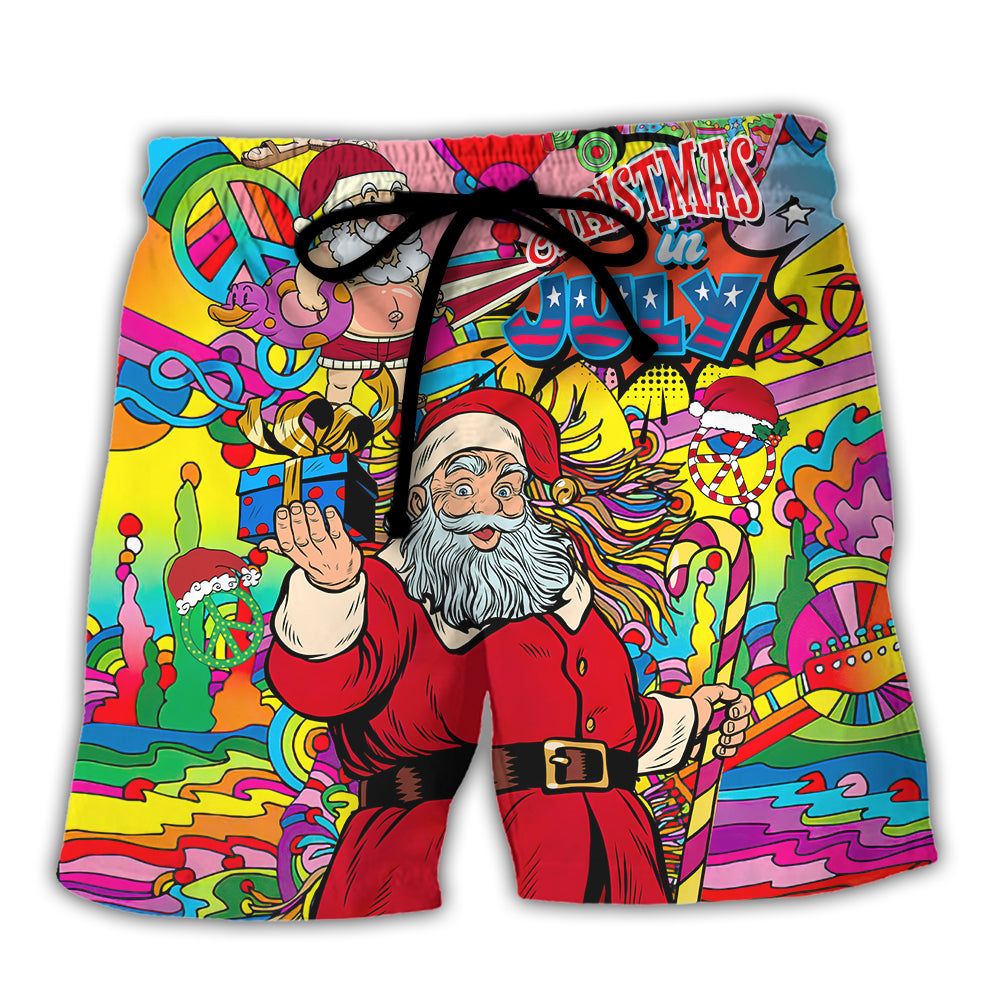 Christmas In July Santa Hippie Sending Gift In Summer Trendy Aloha Hawaiian Beach Shorts Christmas In July Santa Hippie Sending Gift In Summer Trendy Aloha Hawaiian Beach Shorts
