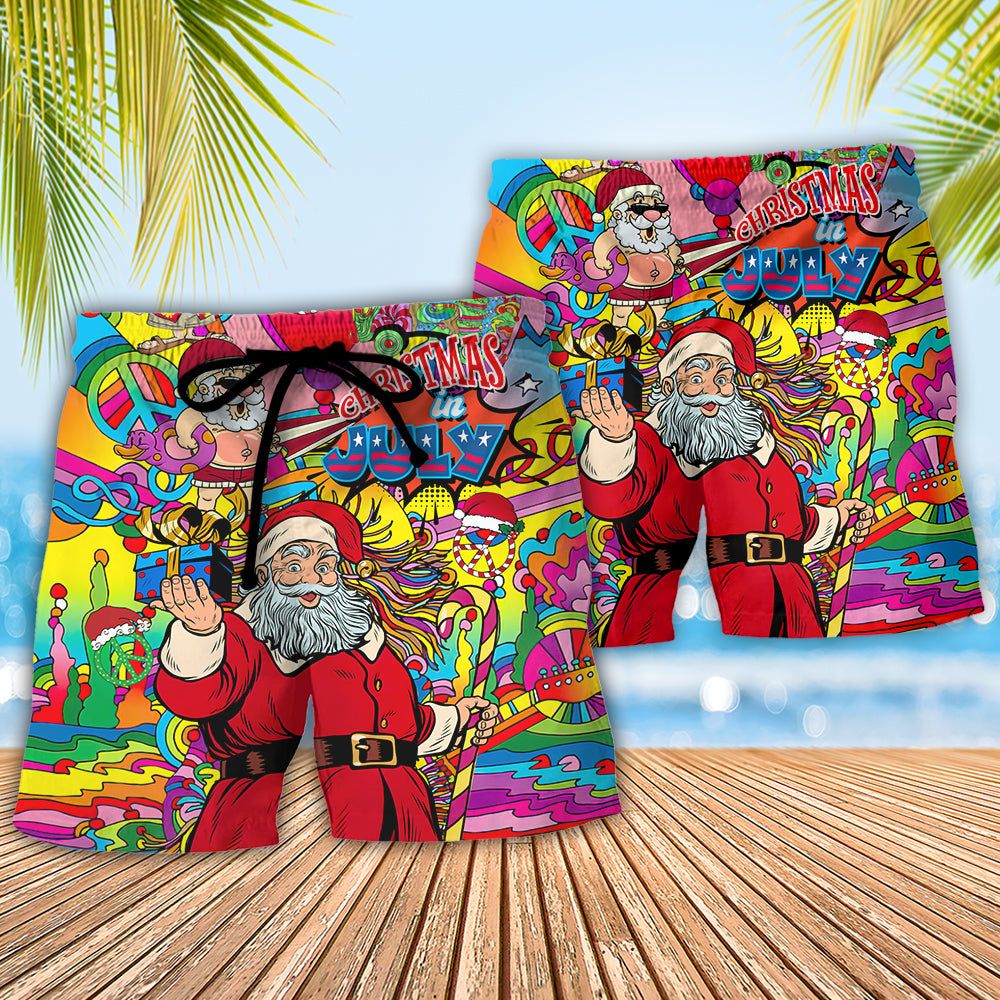 Christmas In July Santa Hippie Sending Gift In Summer Trendy Aloha Hawaiian Beach Shorts
