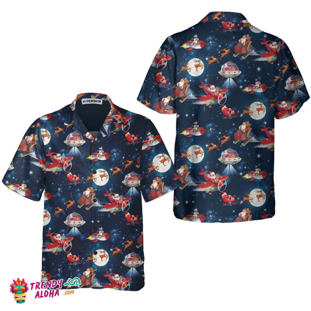 Christmas In Space Christmas Hawaiian Shirt With Santa Claus And Reindeer Pattern Christmas In Space Christmas Hawaiian Shirt With Santa Claus And Reindeer Pattern
