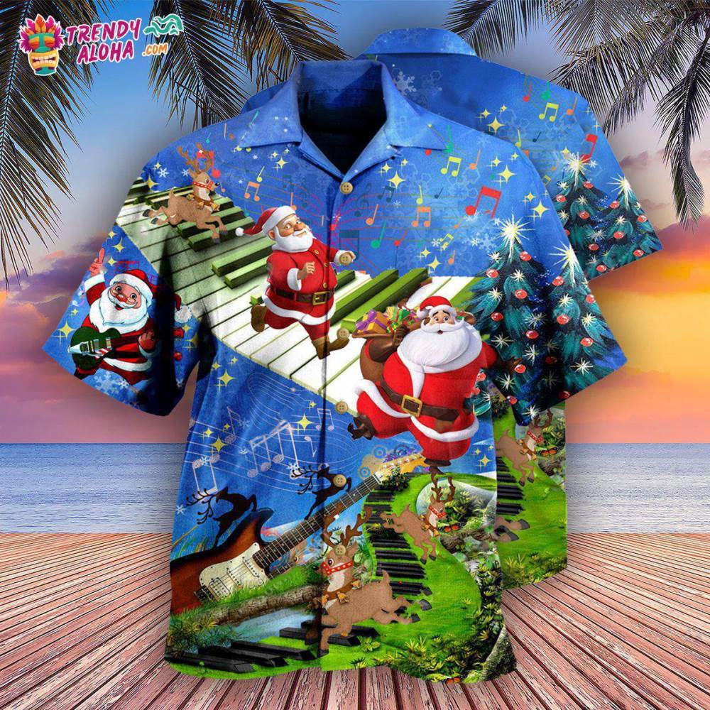Christmas Jumping On Musical Instrument In Blue Hawaiian Shirt – Trendy Aloha