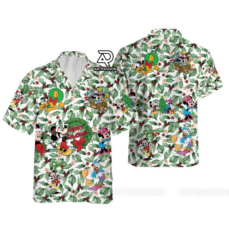 Christmas Leaves Mickey Minnie Disneyland Hawaiian Xmas Holiday Shirt