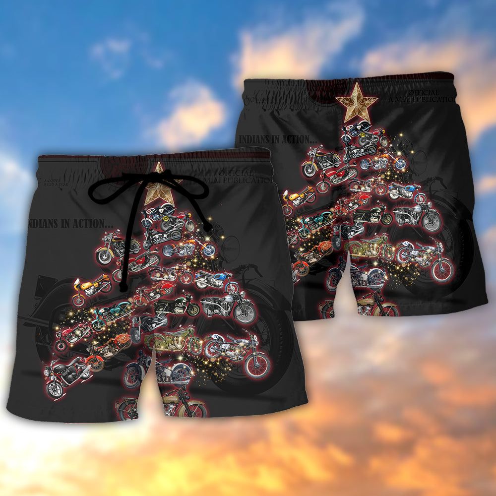 Christmas Motorcycle Tree Retro Style Trendy Aloha Hawaiian Beach Shorts