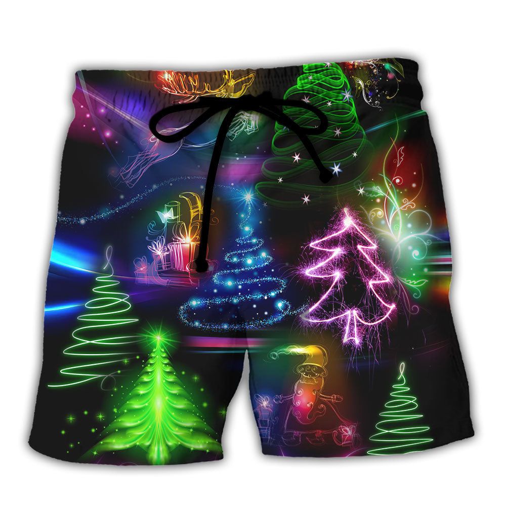 Christmas Neon Art Christmas Tree And Snowman Trendy Aloha Hawaiian Beach Shorts