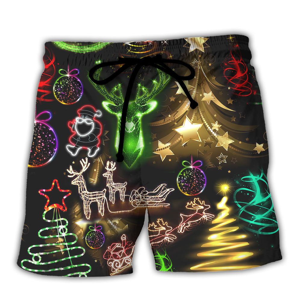 Christmas Neon Art Christmas Tree And Snowman Trendy Aloha Hawaiian Beach Shorts Christmas Neon Art Christmas Tree And Snowman Trendy Aloha Hawaiian Beach Shorts