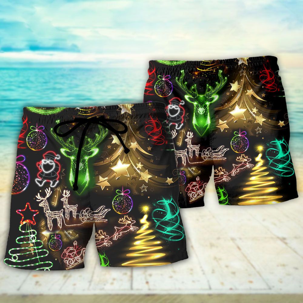 Christmas Neon Art Christmas Tree And Snowman Trendy Aloha Hawaiian Beach Shorts