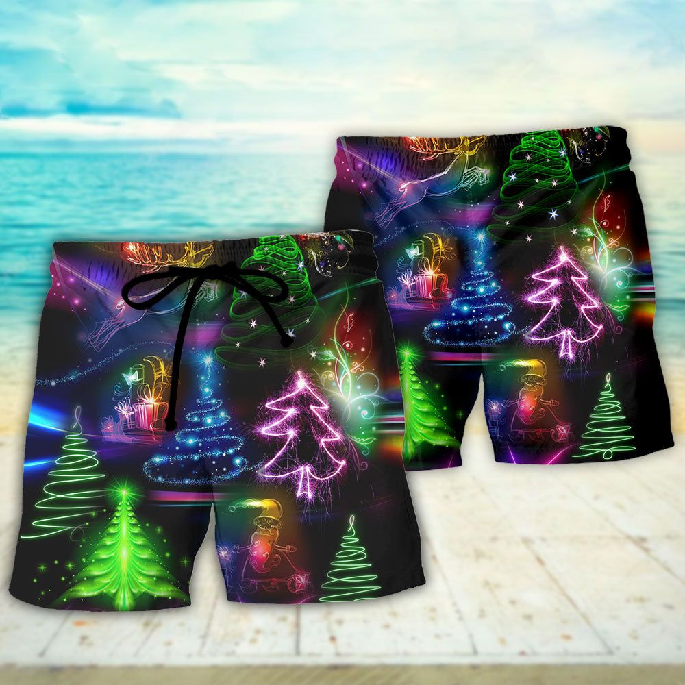 Christmas Neon Art Christmas Tree And Snowman Trendy Aloha Hawaiian Beach Shorts