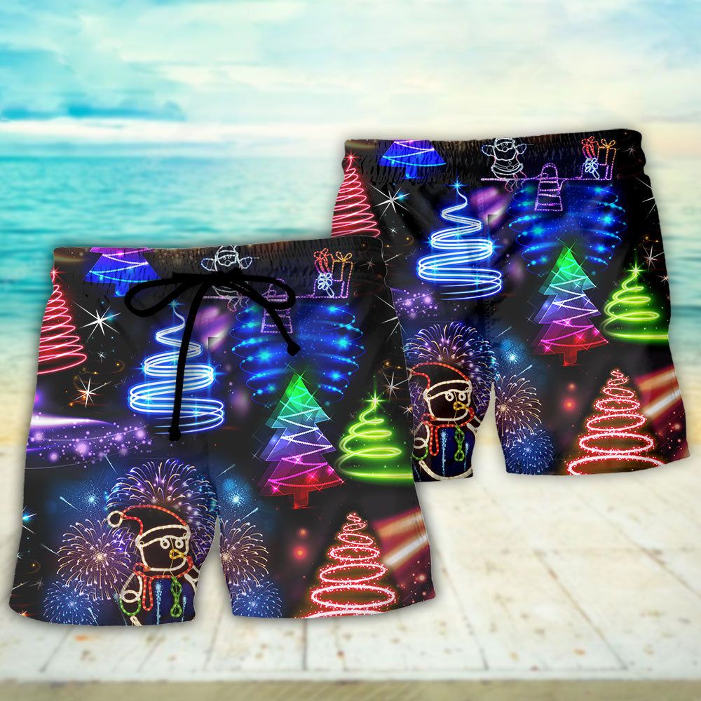 Christmas Neon Art Santa And Snowman Trendy Aloha Hawaiian Beach Shorts