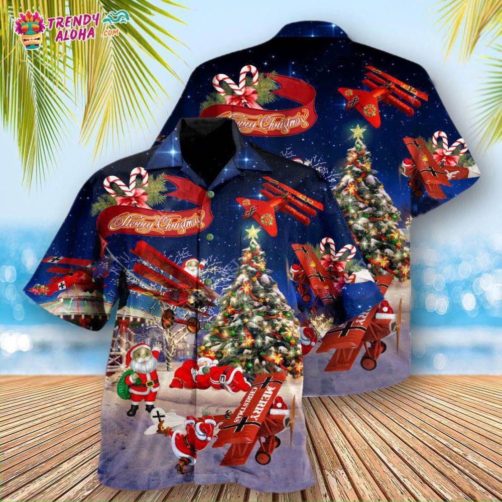 Christmas No Reindeer Any More Santa Loves Airplane In Blue Hawaiian Shirt – Trendy Aloha