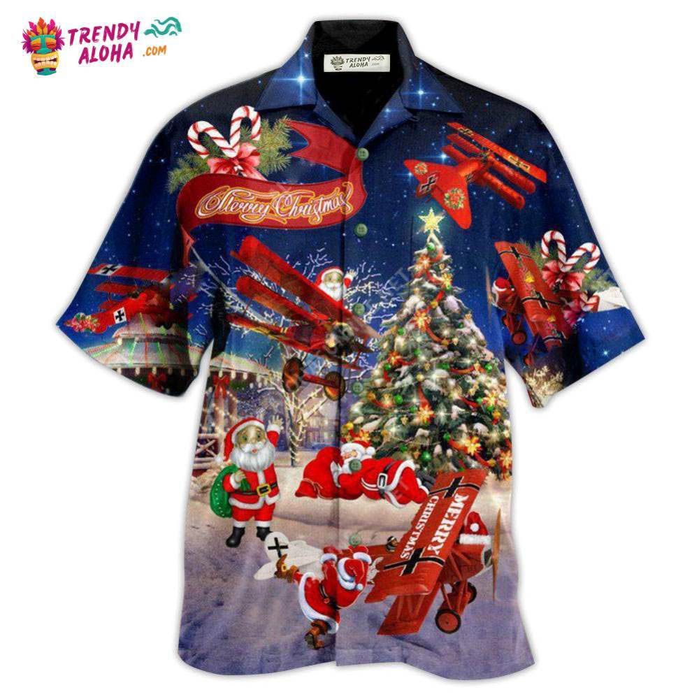 Christmas No Reindeer Any More Santa Loves Airplane In Blue Hawaiian Shirt – Trendy Aloha