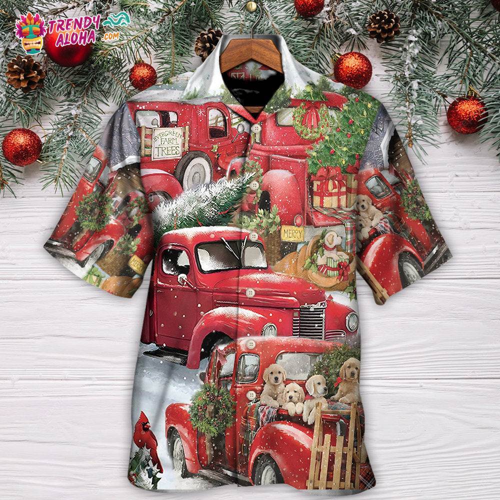 Christmas Red Truck With Xmas Tree And Little Puppy Hawaiian Shirt – Trendy Aloha