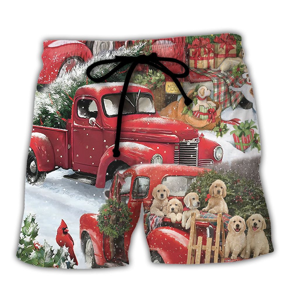 Christmas Red Truck With Xmas Tree And Little Puppy Trendy Aloha Hawaiian Beach Shorts