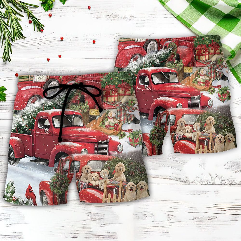 Christmas Red Truck With Xmas Tree And Little Puppy Trendy Aloha Hawaiian Beach Shorts