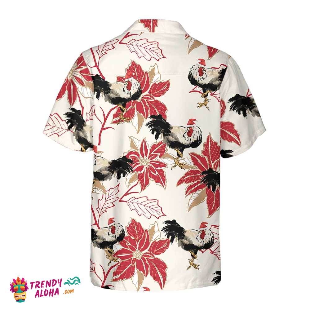 Christmas Rooster And Poinsettia Hawaiian Shirt, Unique Chicken Shirt For Men & Women, Best Christmas Gift