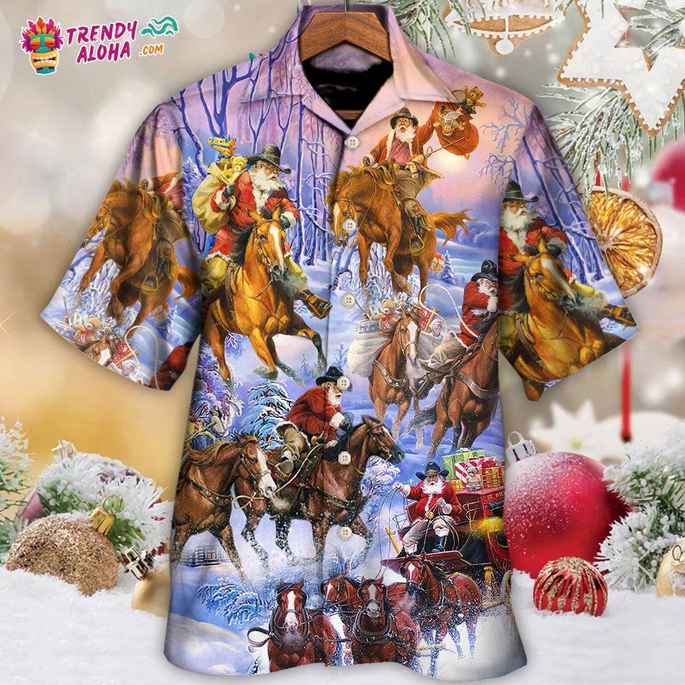 Christmas Santa And Horse Ho Ho Ho Everywhere Merry Xmas Hawaiian Shirt – Trendy Aloha