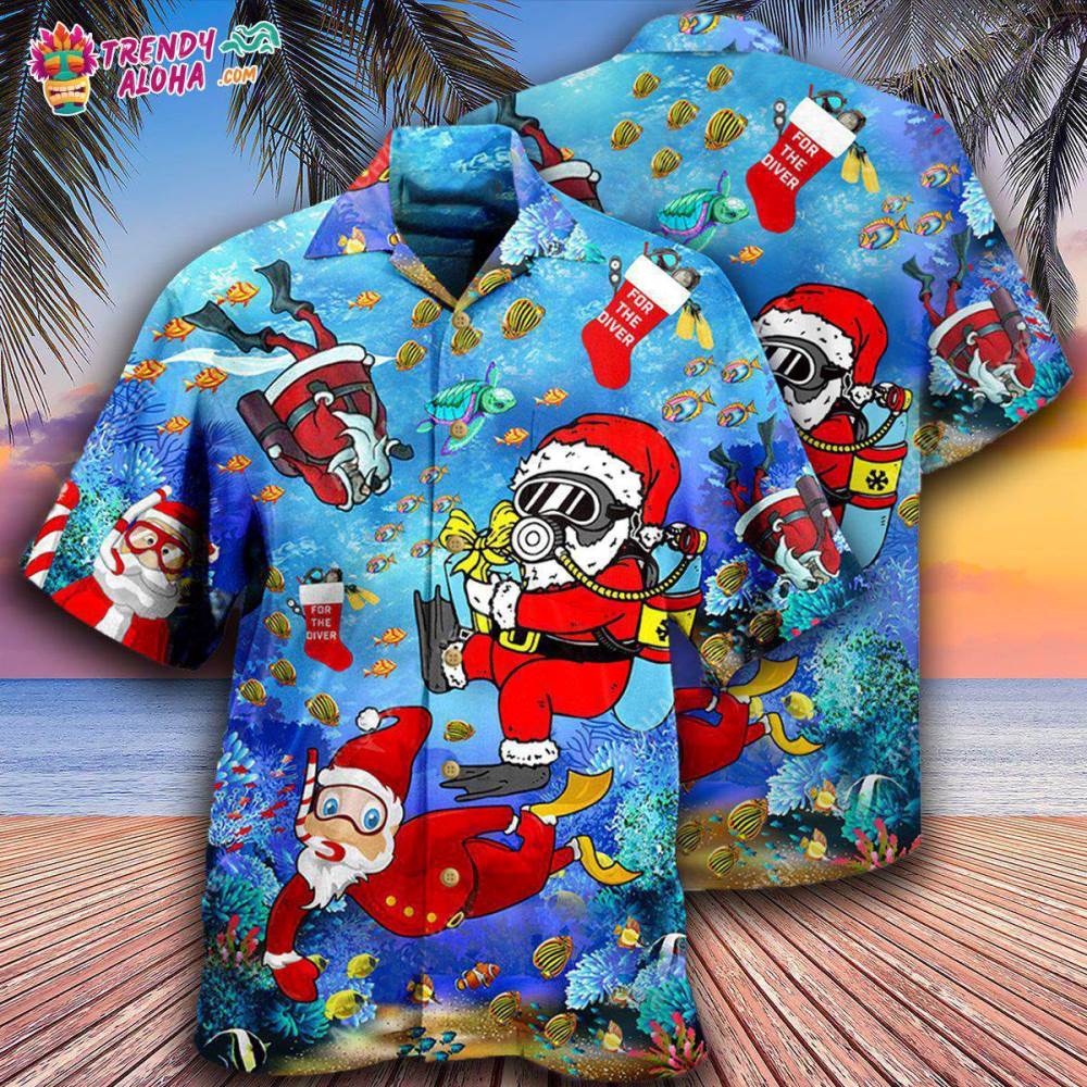 Christmas Santa Claus Dives In Blue Hawaiian Shirt – Trendy Aloha