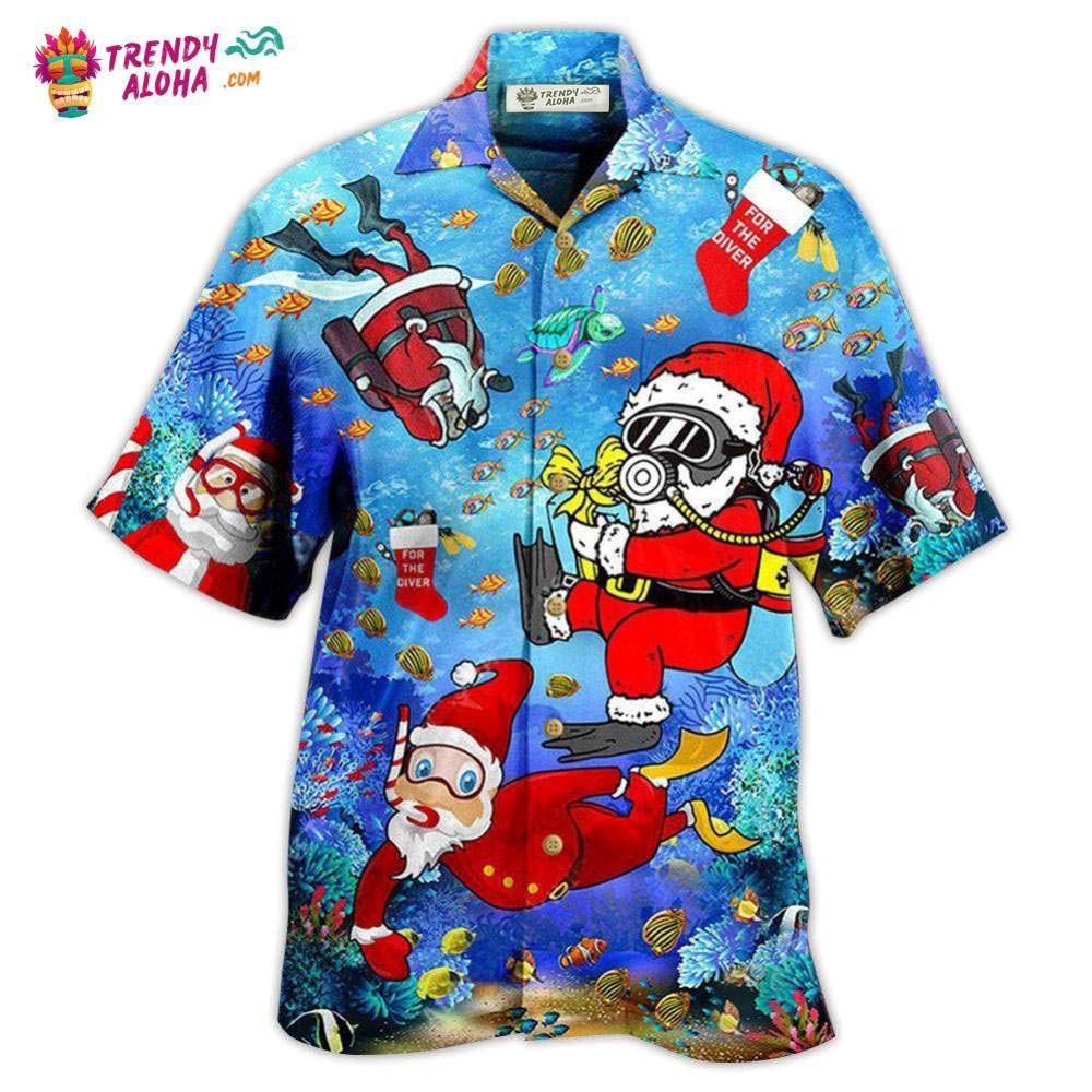 Christmas Santa Claus Dives In Blue Hawaiian Shirt – Trendy Aloha