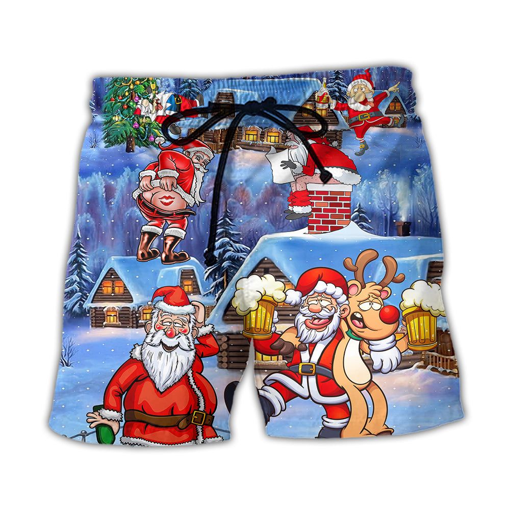 Christmas Santa Claus Drunk Beer Troll Happy Xmas Trendy Aloha Hawaiian Beach Shorts