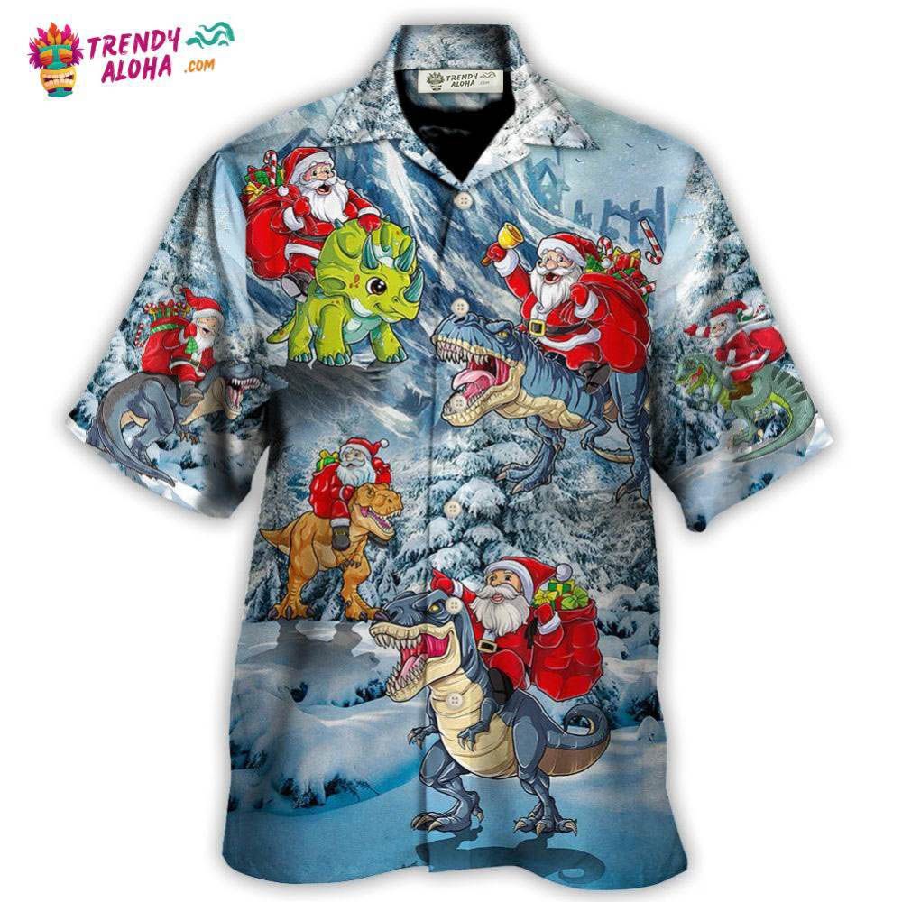 Christmas Santa Claus Riding Dinosaur Christmas Tree Gift Light Art Style Hawaiian Shirt – Trendy Aloha