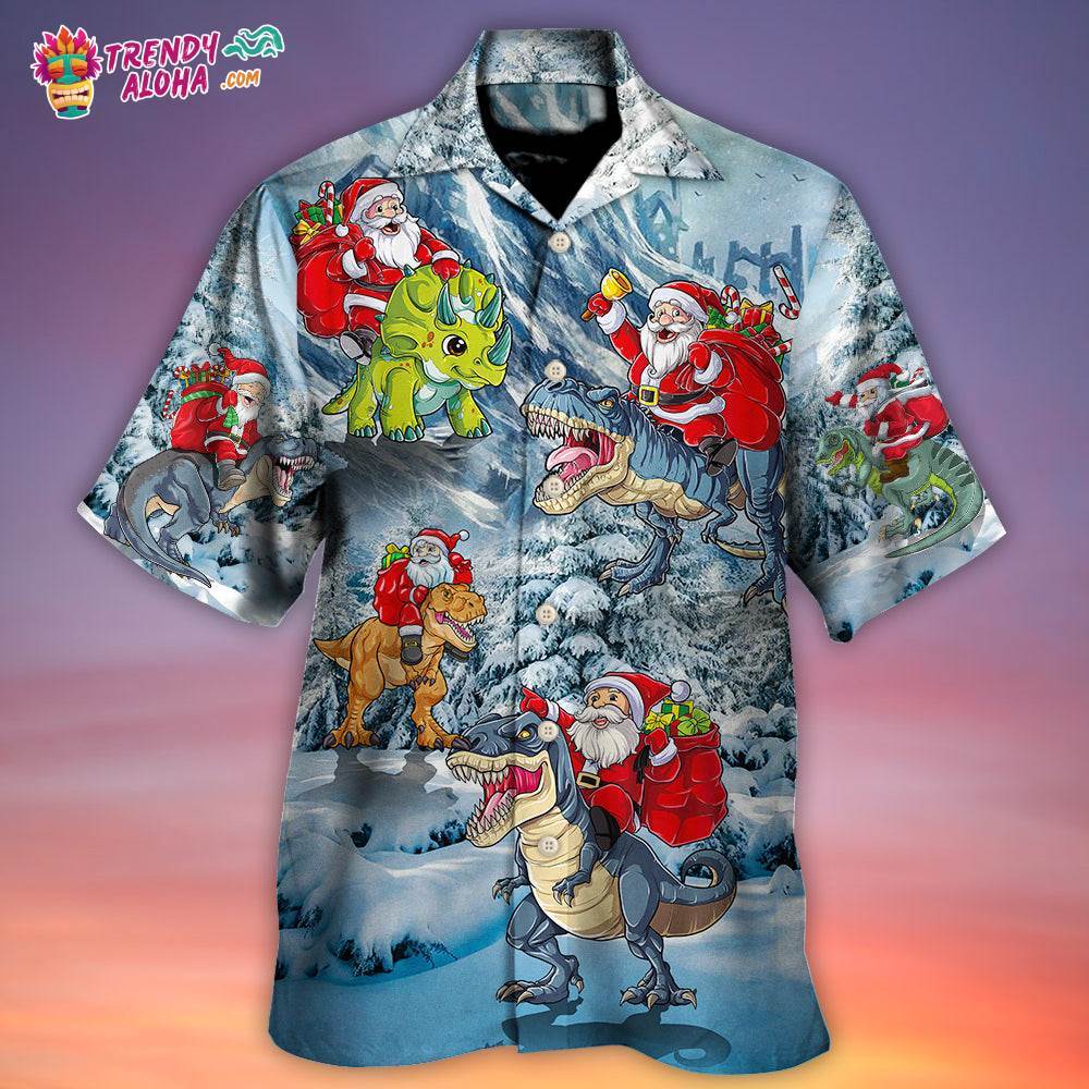 Christmas Santa Claus Riding Dinosaur Christmas Tree Gift Light Art Style Hawaiian Shirt – Trendy Aloha