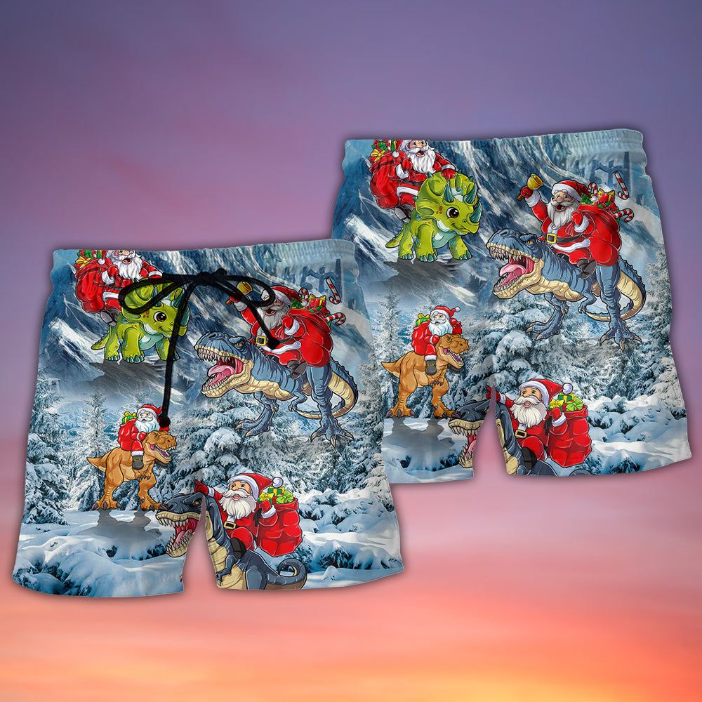 Christmas Santa Claus Riding Dinosaur Christmas Tree Gift Light Art Style Trendy Aloha Hawaiian Beach Shorts