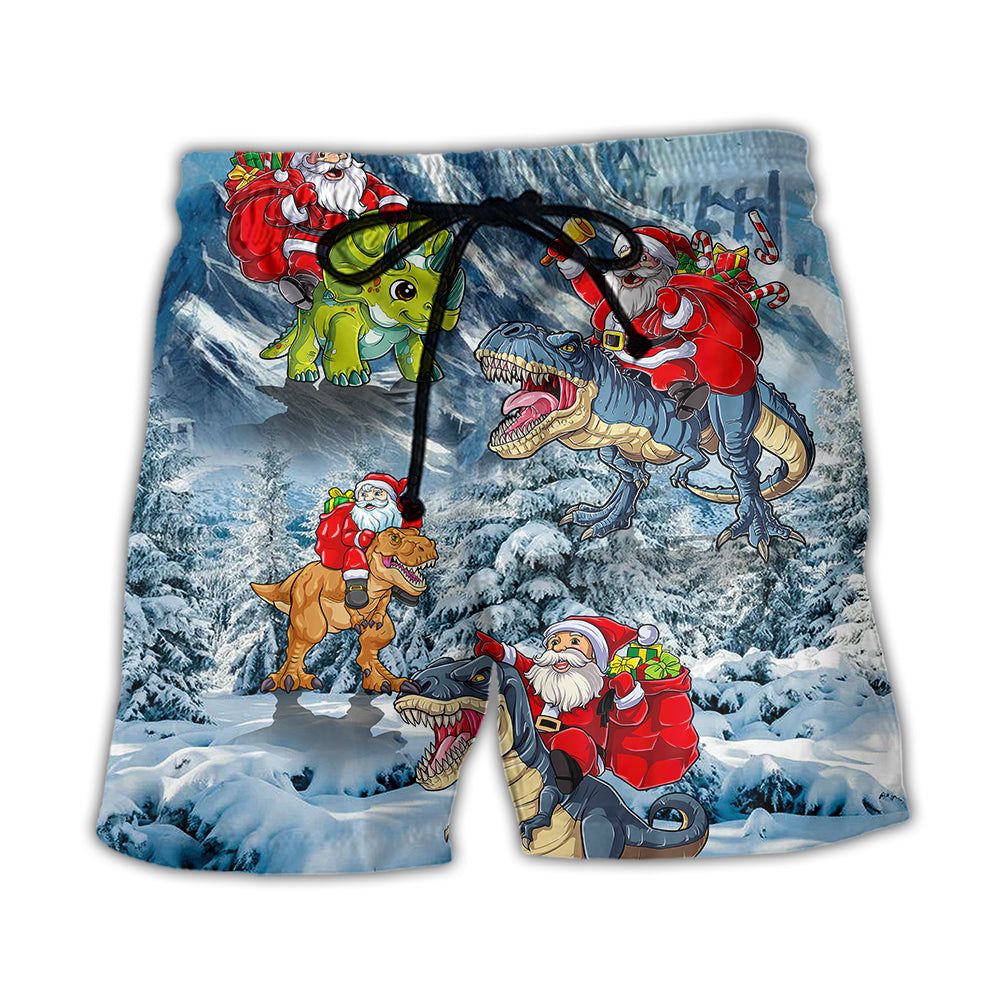 Christmas Santa Claus Riding Dinosaur Christmas Tree Gift Light Art Style Trendy Aloha Hawaiian Beach Shorts