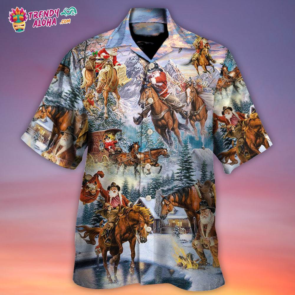 Christmas Santa Claus Riding Horse Snow Mountain Art Style Hawaiian Shirt – Trendy Aloha