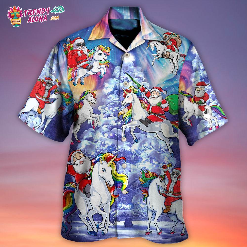 Christmas Santa Claus Riding Unicorn Snow Mountain Art Style Hawaiian Shirt – Trendy Aloha