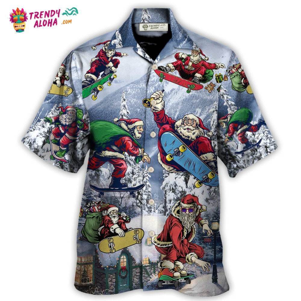 Christmas Santa Claus Skateboarding Snow Mountain Gift Light Art Style Hawaiian Shirt – Trendy Aloha