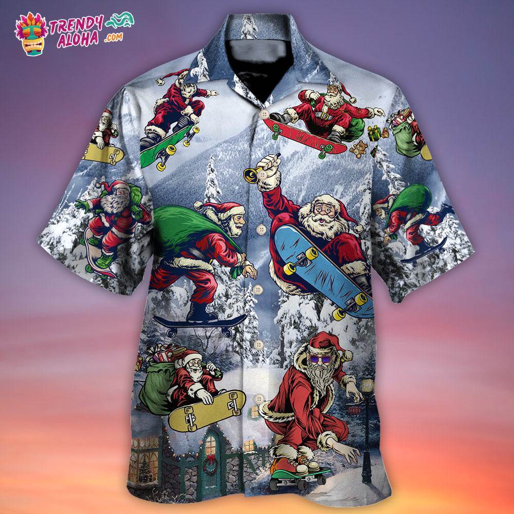 Christmas Santa Claus Skateboarding Snow Mountain Gift Light Art Style Hawaiian Shirt – Trendy Aloha
