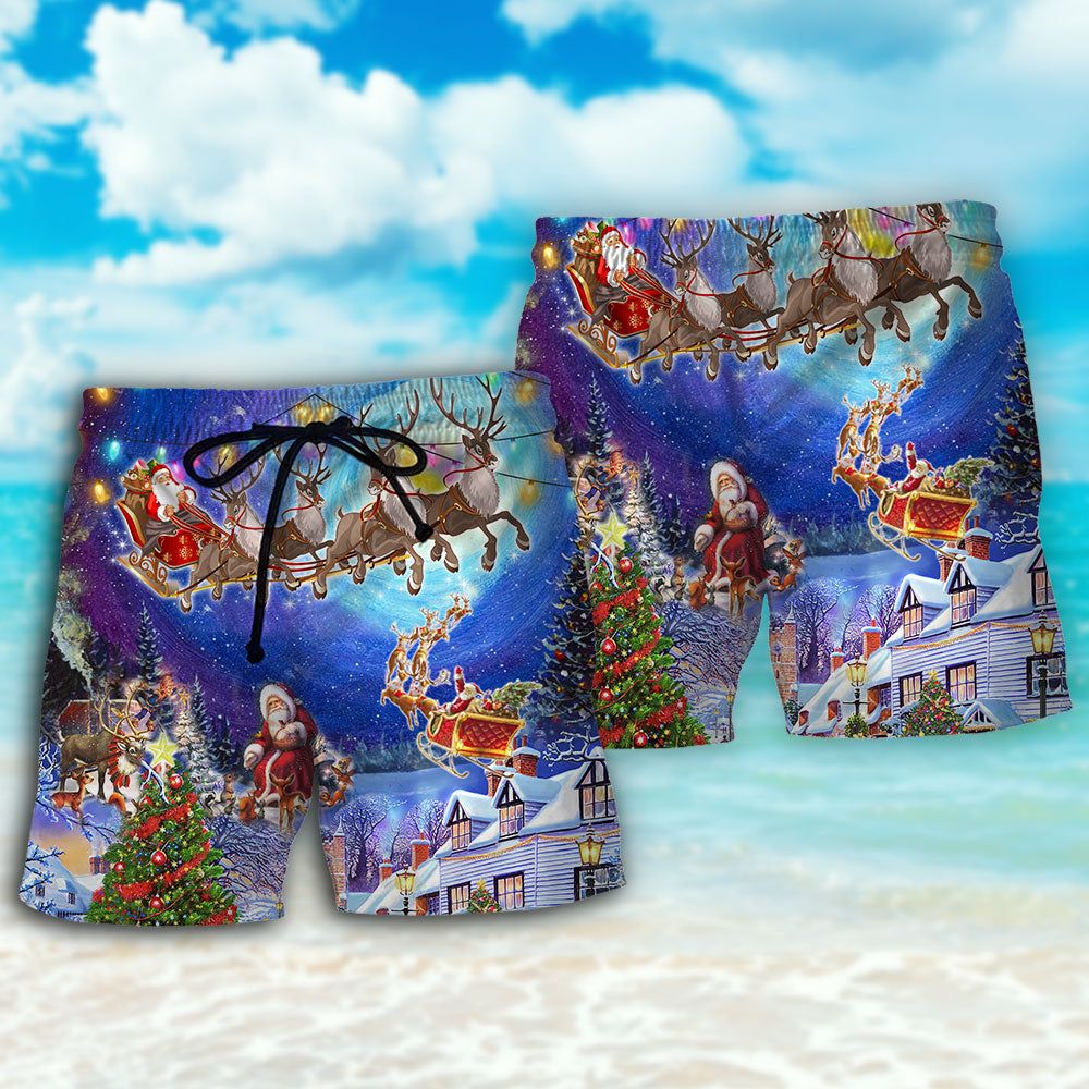 Christmas Santa Claus Snow Night Village Trendy Aloha Hawaiian Beach Shorts