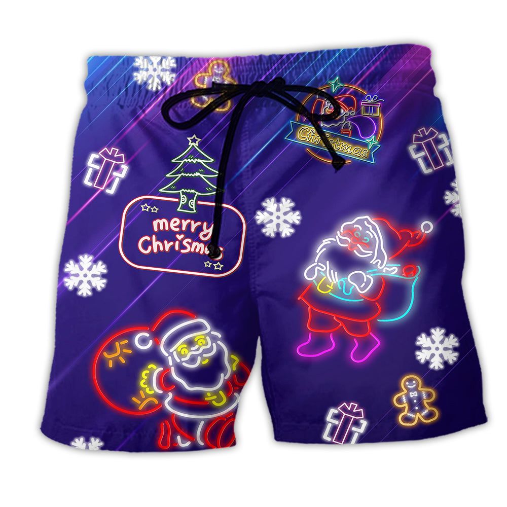 Christmas Santa Neon Light Xmas Party Trendy Aloha Hawaiian Beach Shorts Christmas Santa Neon Light Xmas Party Trendy Aloha Hawaiian Beach Shorts