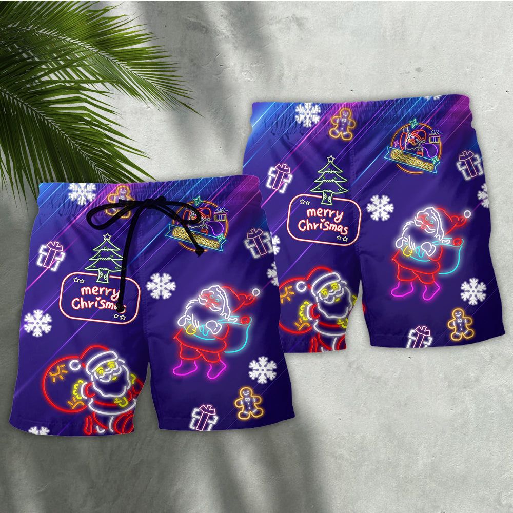 Christmas Santa Neon Light Xmas Party Trendy Aloha Hawaiian Beach Shorts