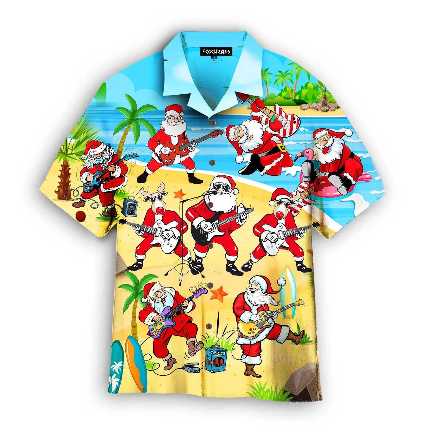 Christmas Santa Playing Guitar On Beach Hawaiian Shirt For
