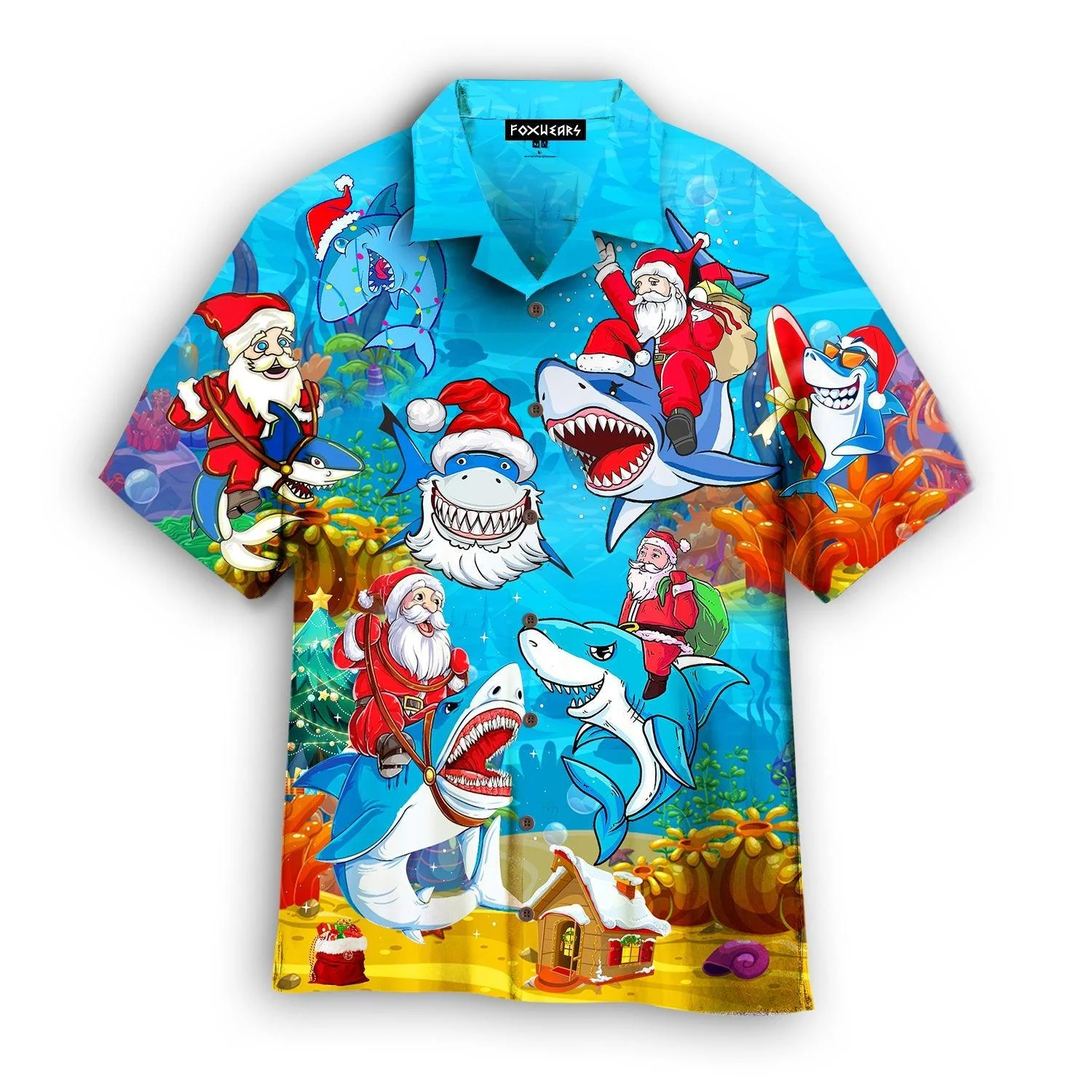 Christmas Santa Shark Santa Sled Brings Gifts To Ocean Funny Light Blue Hawaiian Shirt