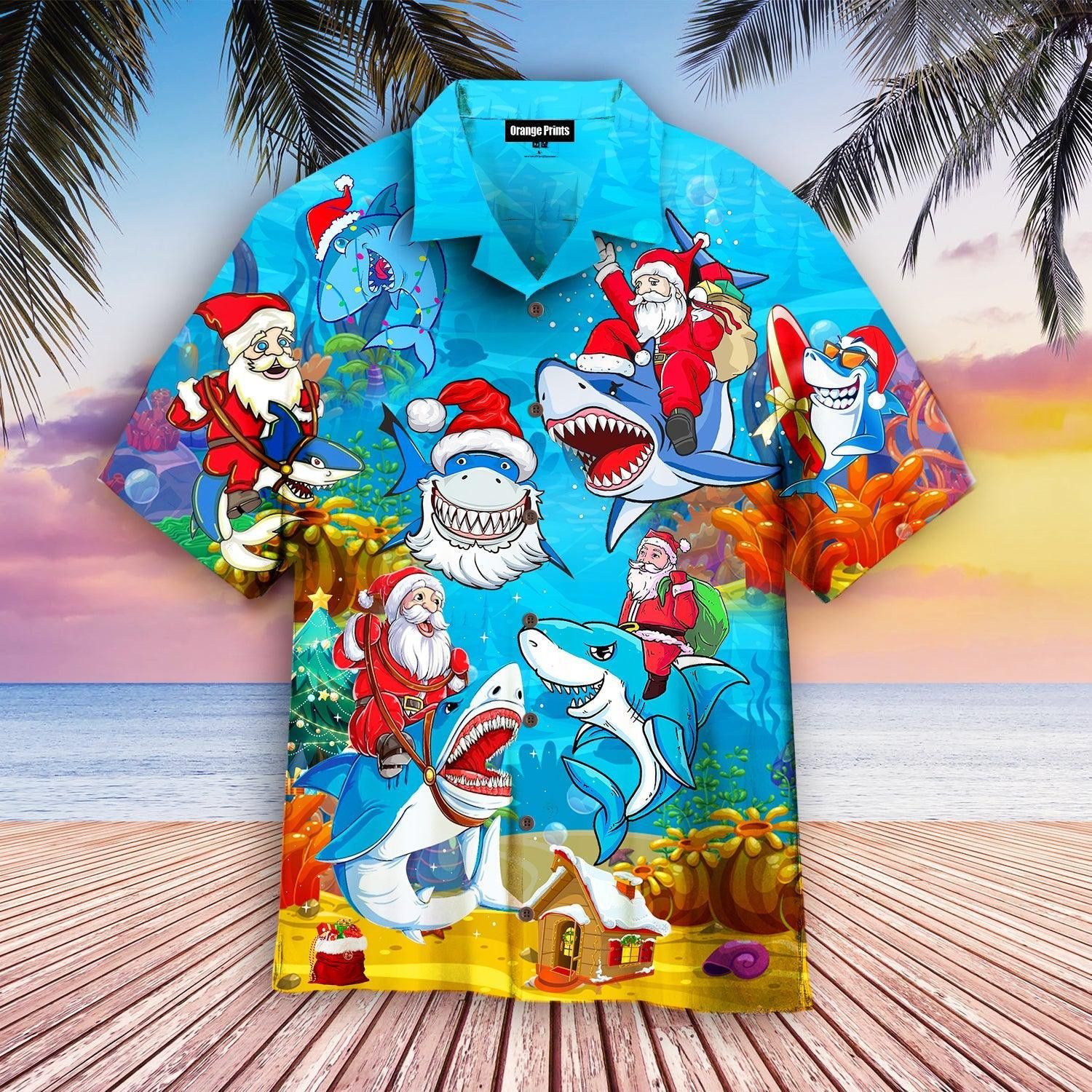 Christmas Santa Shark Santa Sled Brings Gifts To Ocean Funny Light Blue Trendy Hawaiian Shirt