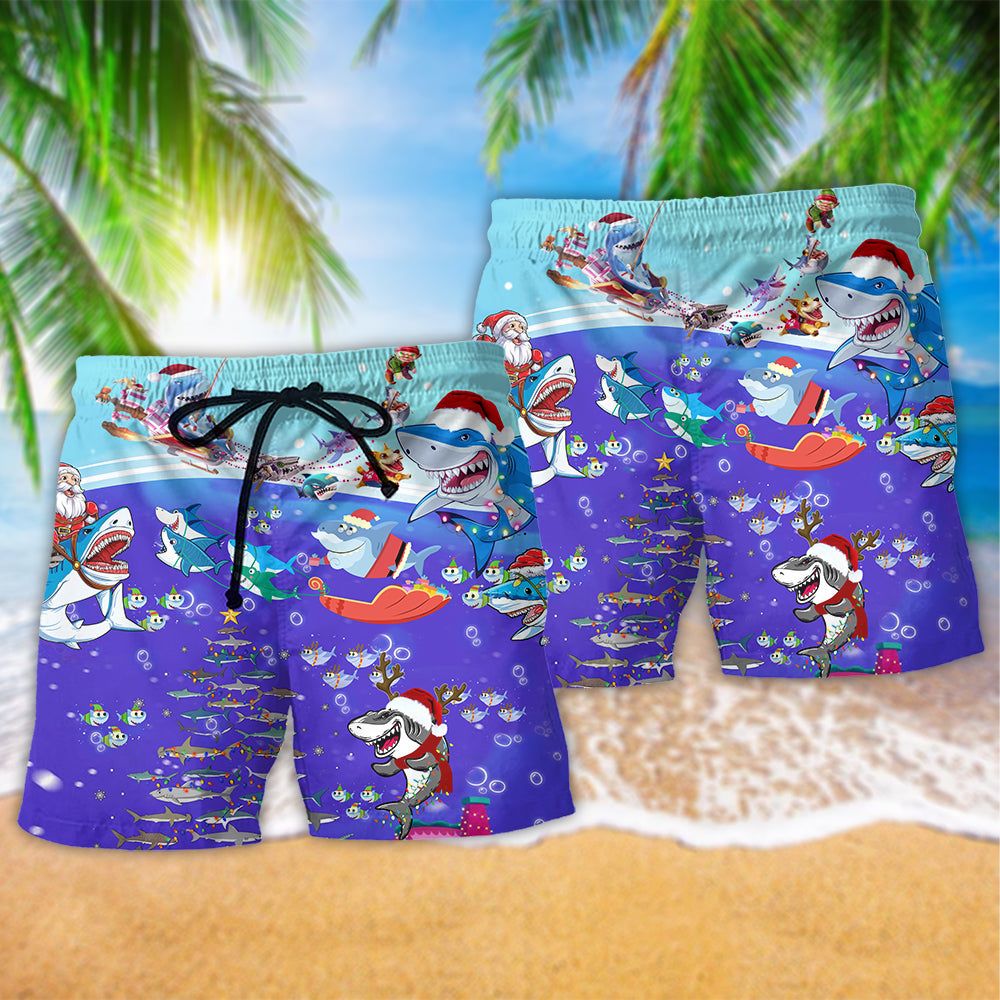 Christmas Santa Shark Sits On Rockets And Brings Gifts To Ocean Trendy Aloha Hawaiian Beach Shorts
