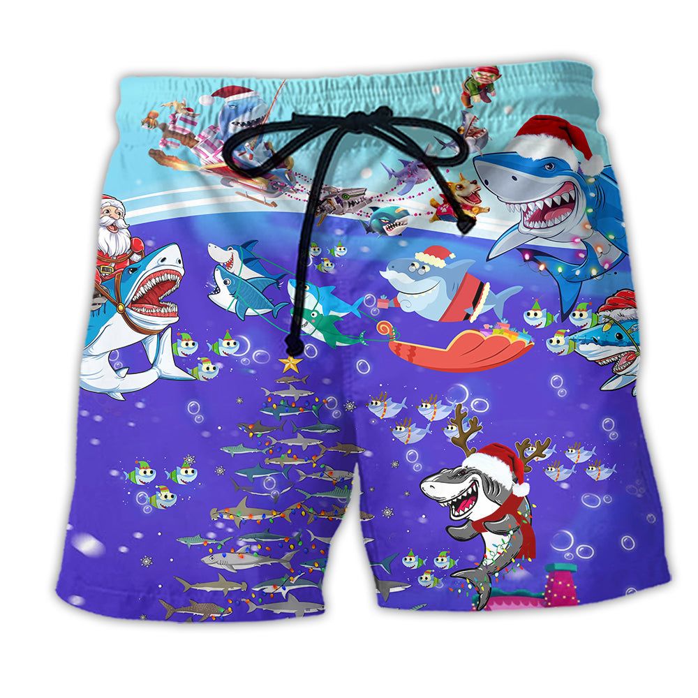 Christmas Santa Shark Sits On Rockets And Brings Gifts To Ocean Trendy Aloha Hawaiian Beach Shorts