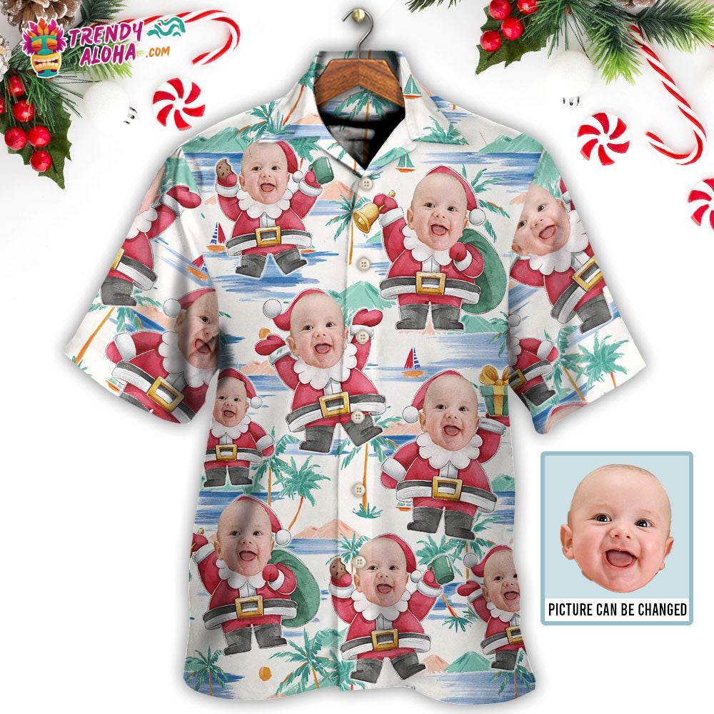 Christmas Santa Summer Beach Custom Photo Hawaiian Shirt – Trendy Aloha