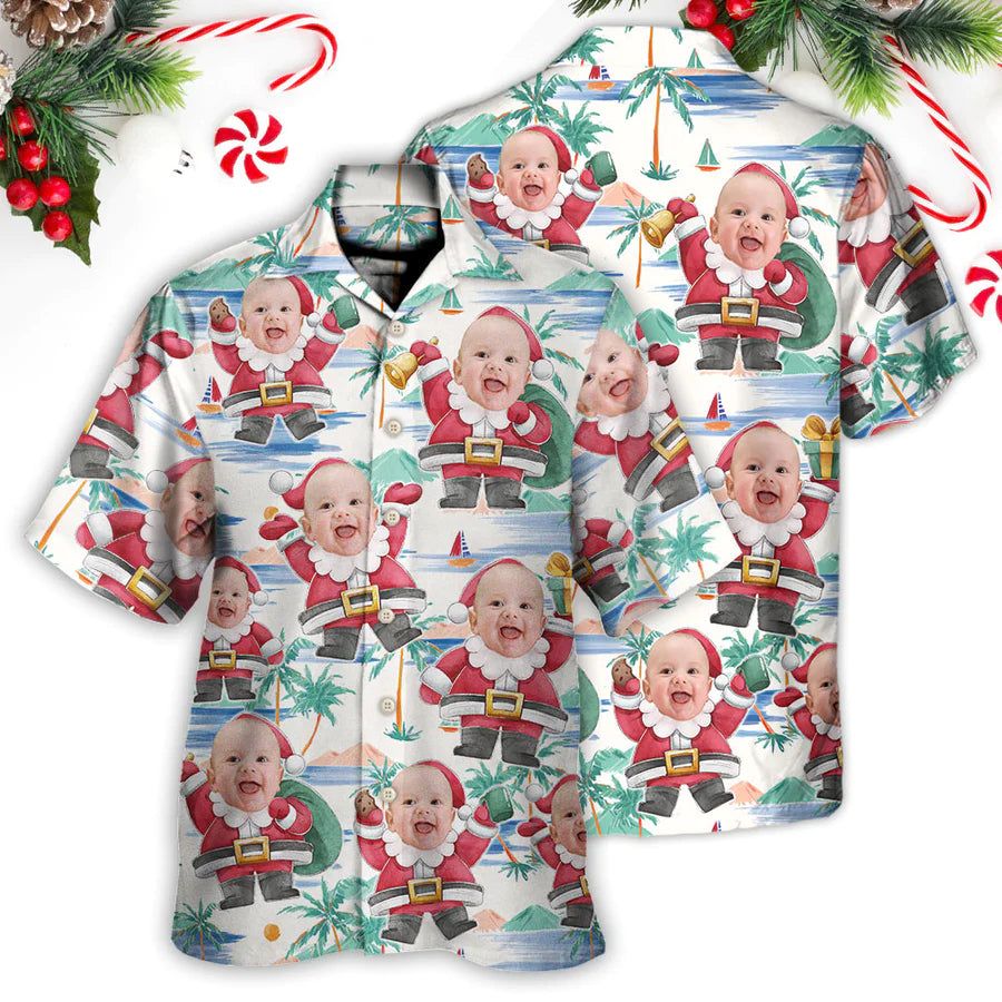 Christmas Santa Summer Beach Custom Photo Hawaiian Shirt