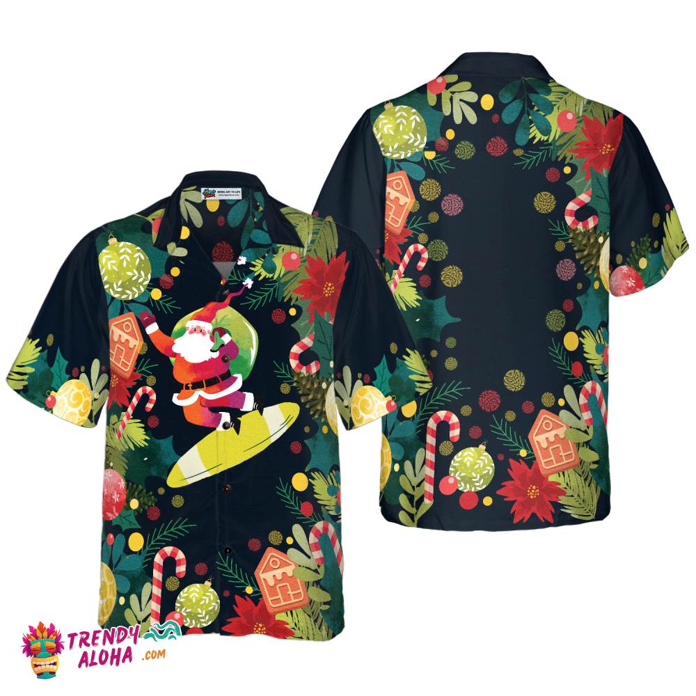 Christmas Santa Surfing Hawaiian Shirt, Christmas Shirts Short Sleeve Button Down Shirt For Men And Women